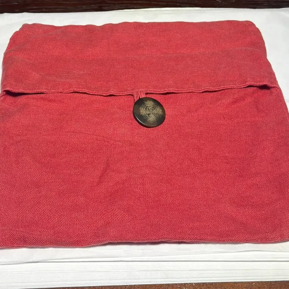 Pottery Barn Pillow Cover Red 100% Linen 18x18 Square Case Button Rustic